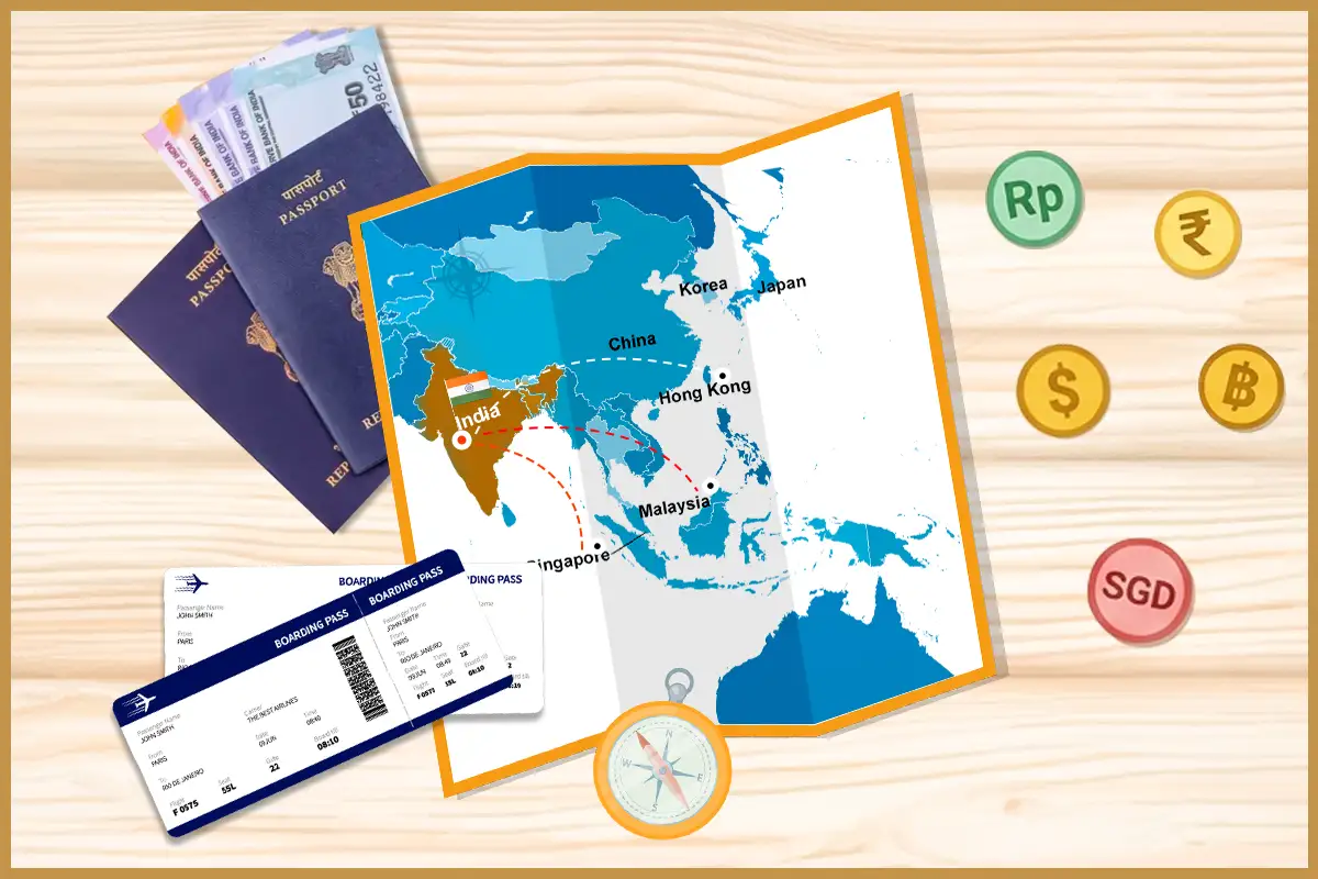 Indian traveller planning affordable international summer trip with passport map and flight tickets