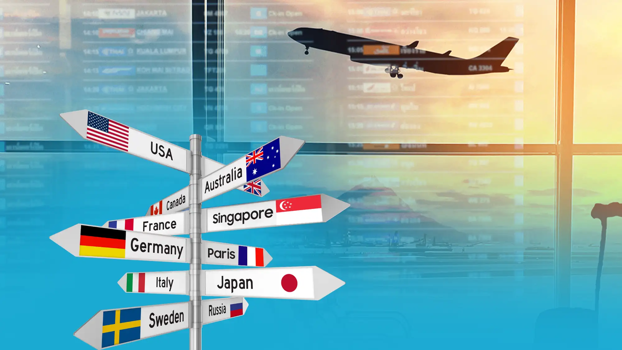 International flight departure board showing global destinations from India