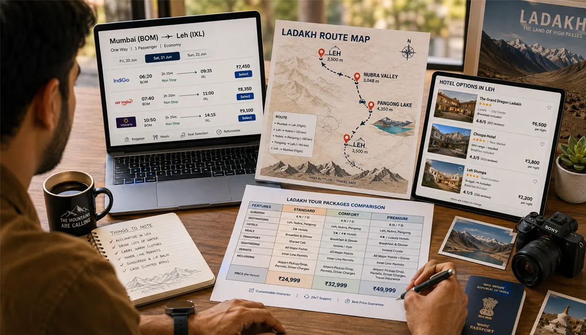 Traveller comparing Ladakh tour package prices and itineraries from Mumbai