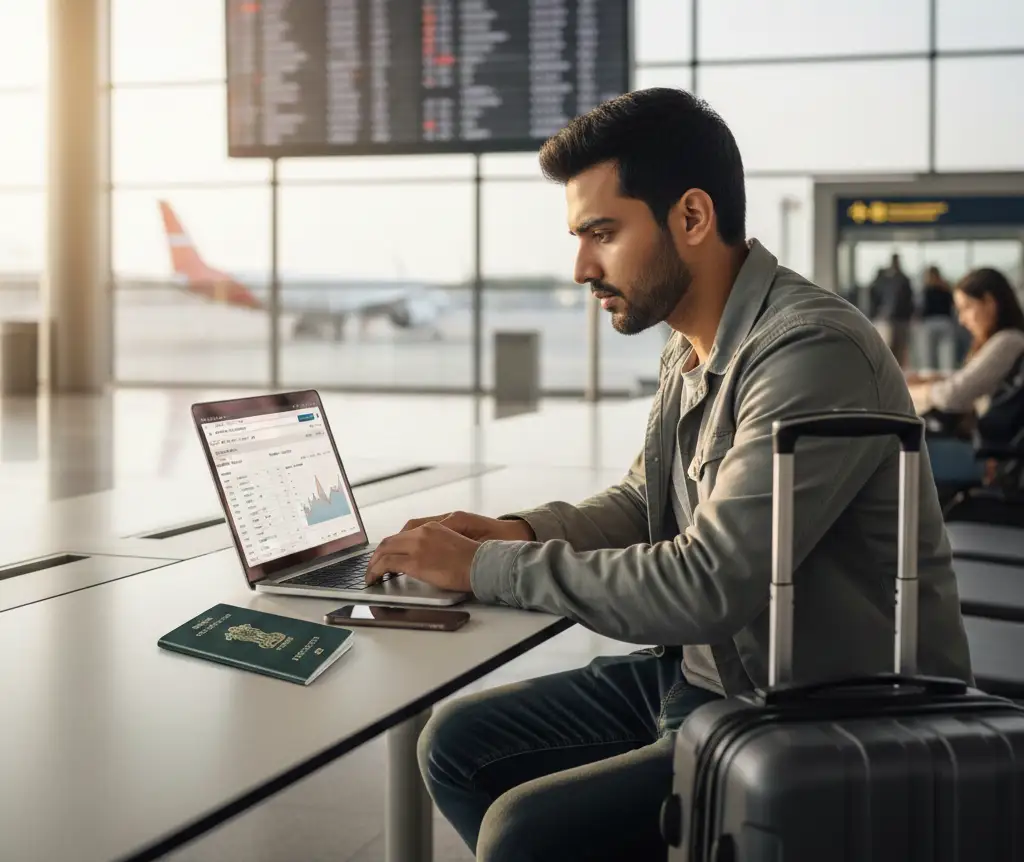 Traveler checking international flight prices from India before booking tickets