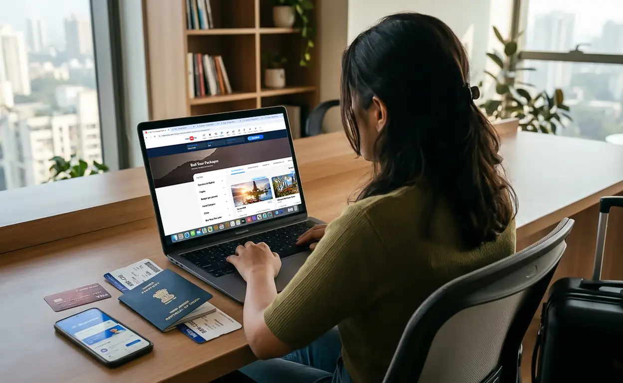 Indian traveler comparing international tour packages online before booking