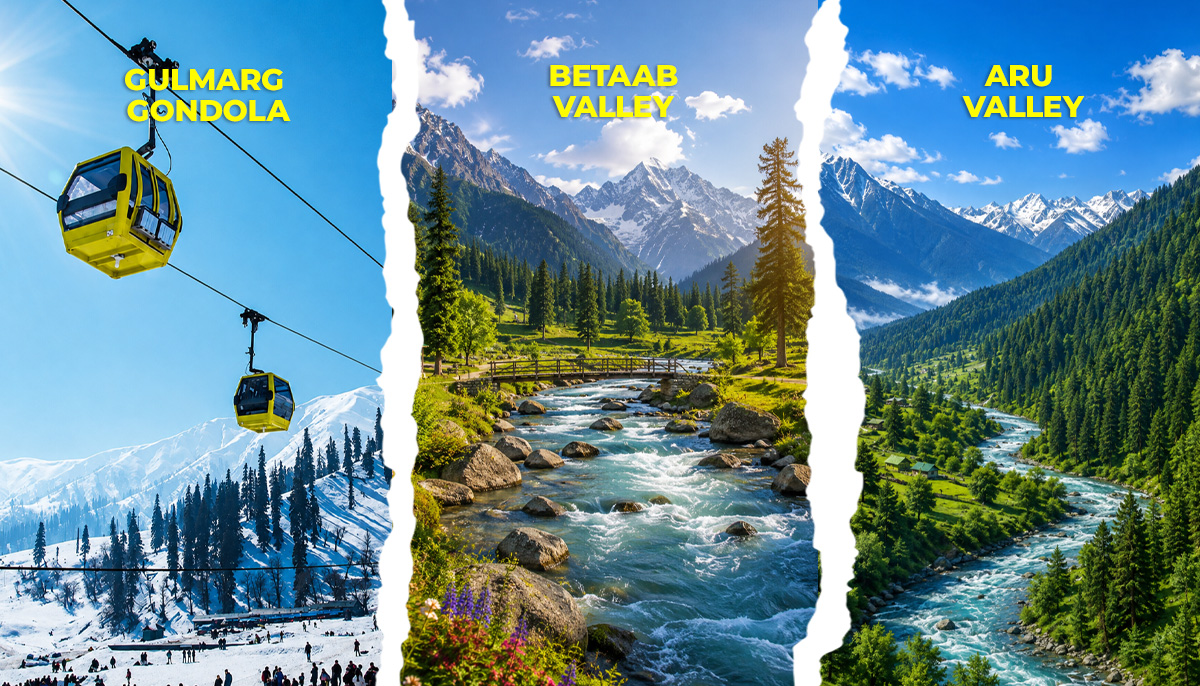 Popular tourist attractions in Kashmir including Gulmarg, Betaab Valley, and Aru Valley