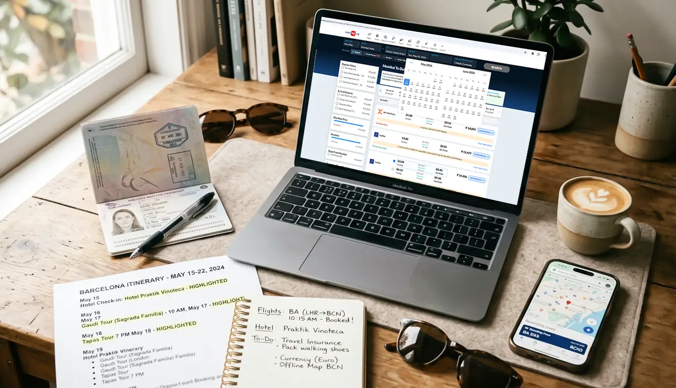 traveller planning international trip from Mumbai with documents and budget notes