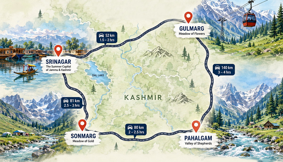 Travel route covering the places to visit in Kashmir including Srinagar, Gulmarg, Pahalgam & Sonmarg